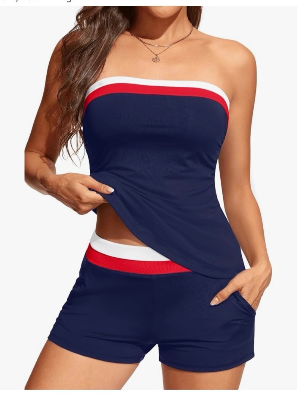 Strapless Navy Tankini & Shorts Swim Set with Red & White Trim- NEW LARGE